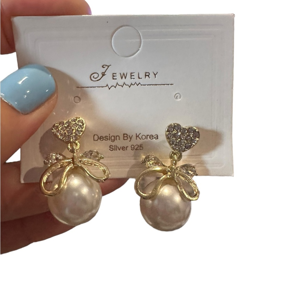 Large Pearl and Golden Bow with Rhinestone Heart Drop Style Earrings - Picture 2 of 7